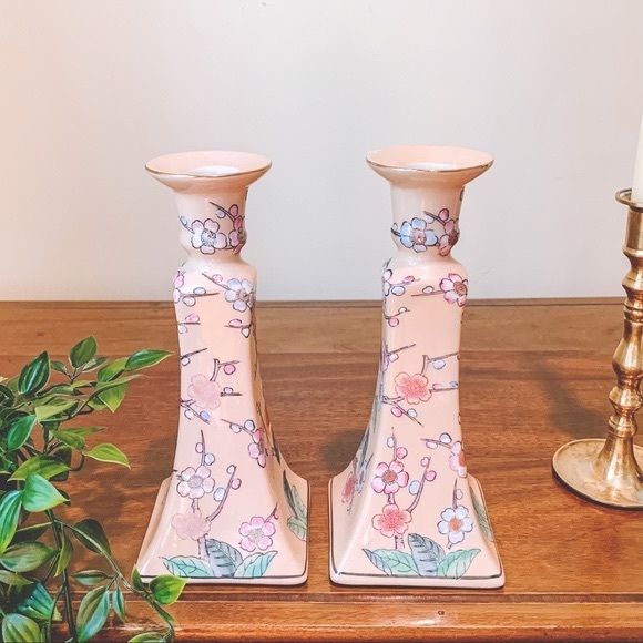 Pair of Vintage Pink Floral Ceramic Candlesticks